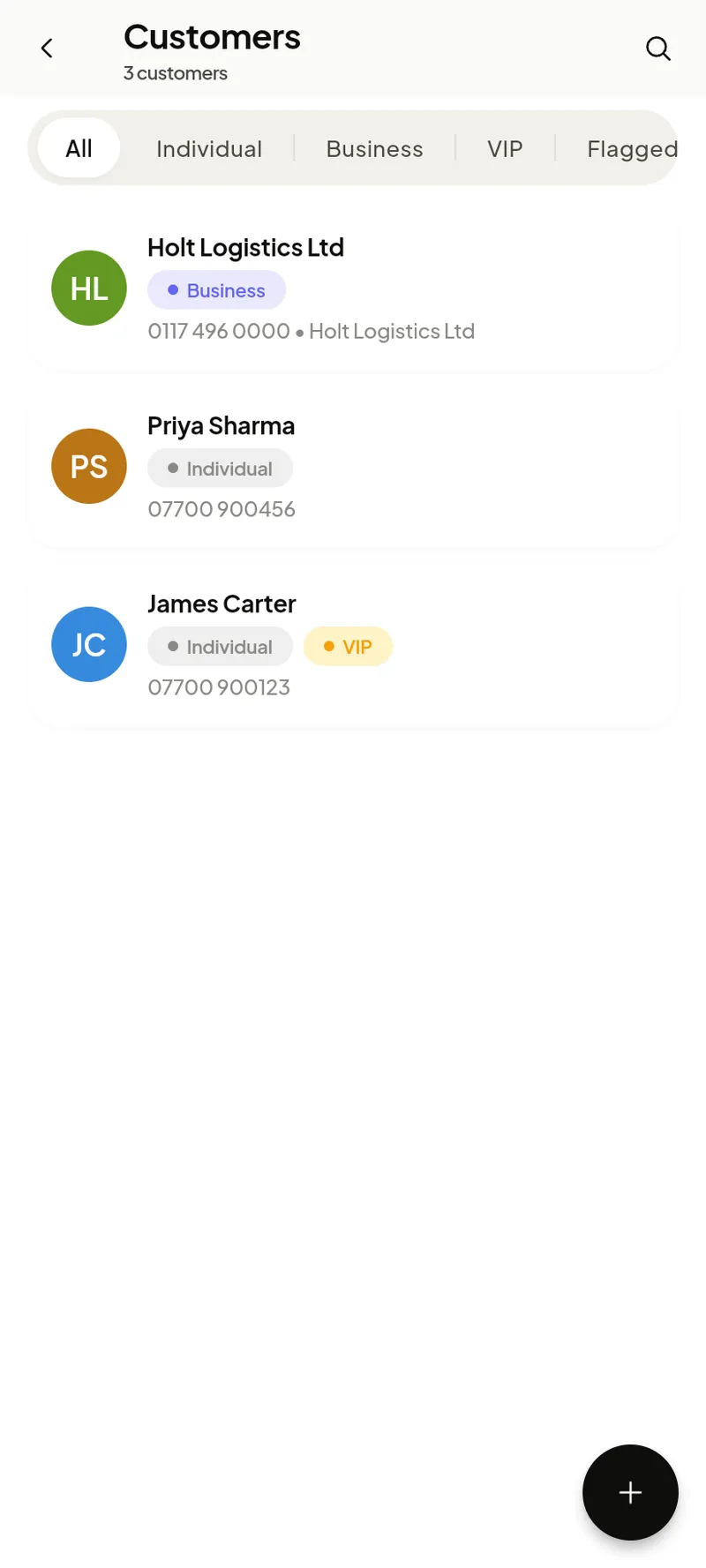 Customers list with filters