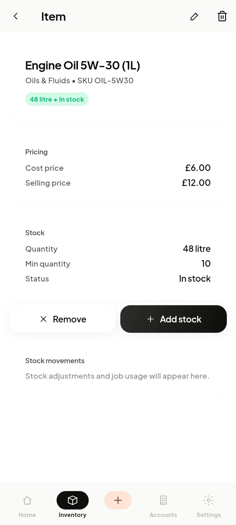 Inventory item detail