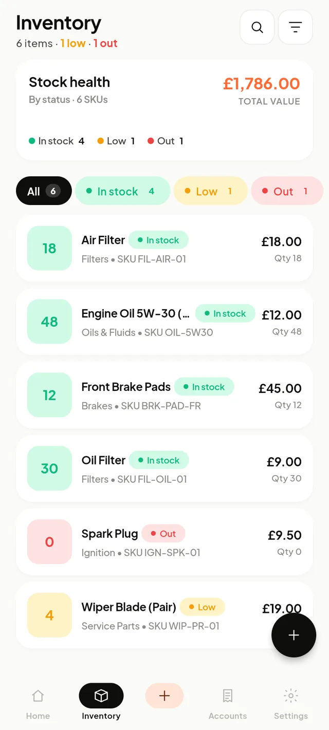 Inventory list with stock health