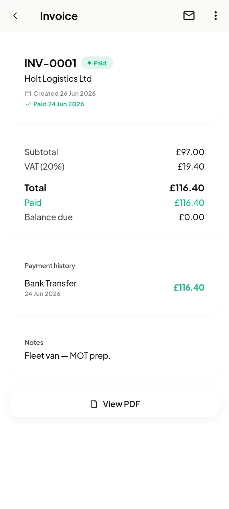 Paid invoice with history