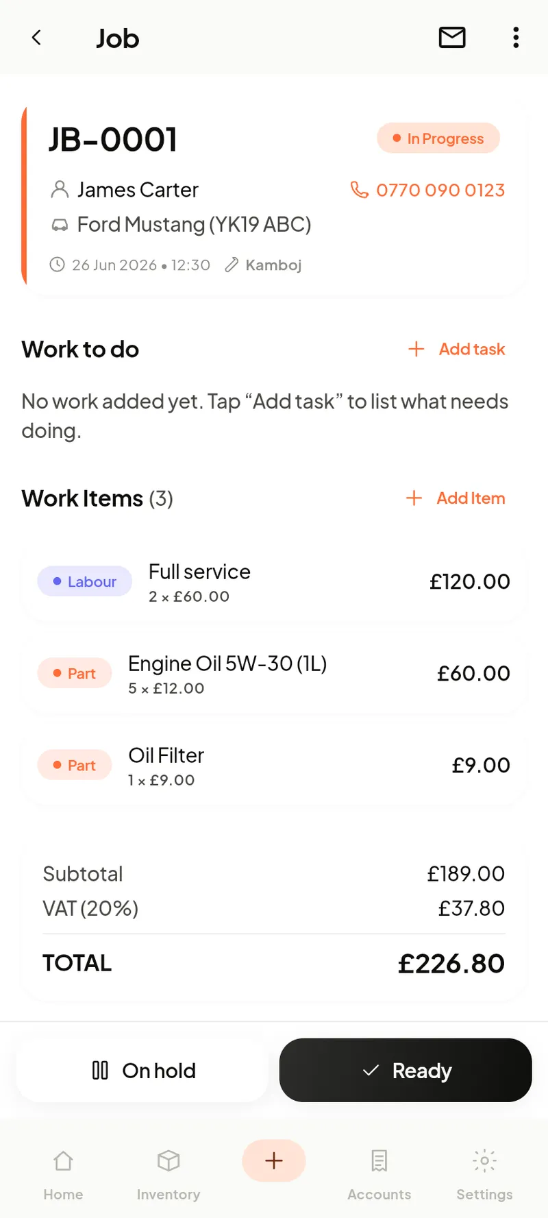 Job card with work items
