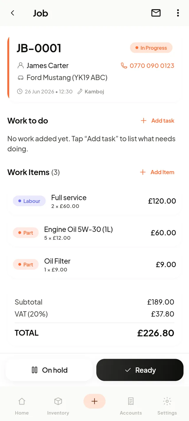 Job card with work items and totals