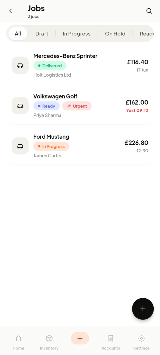 The jobs list in GarageDesk showing job cards with their statuses