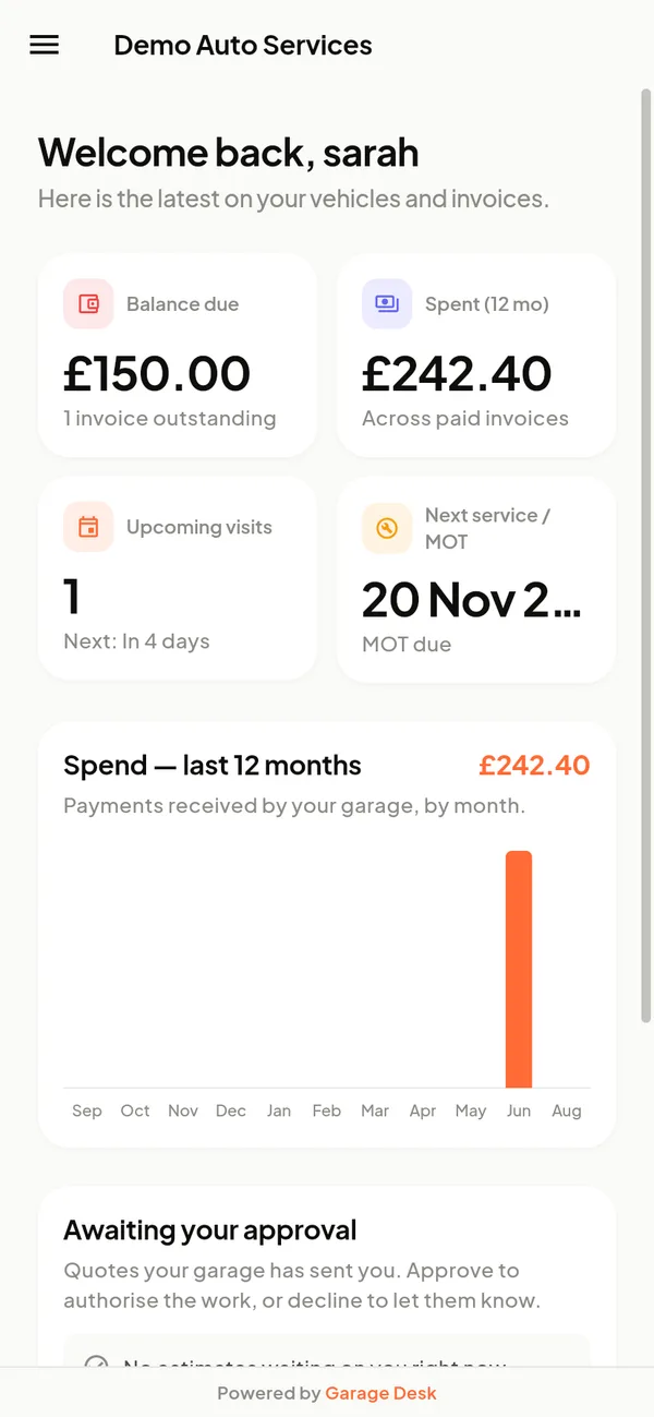The GarageDesk customer portal a garage's customer signs into