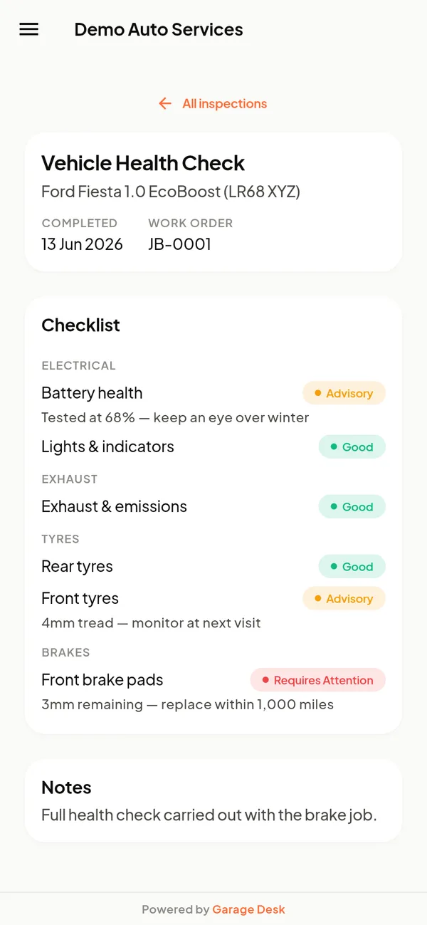 Vehicle health check report in the customer portal