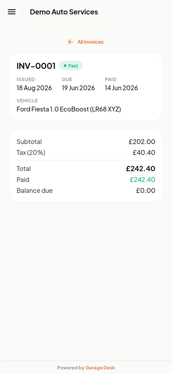 Invoice with online card payment in the customer portal