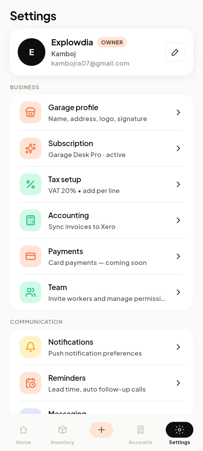 Settings menu