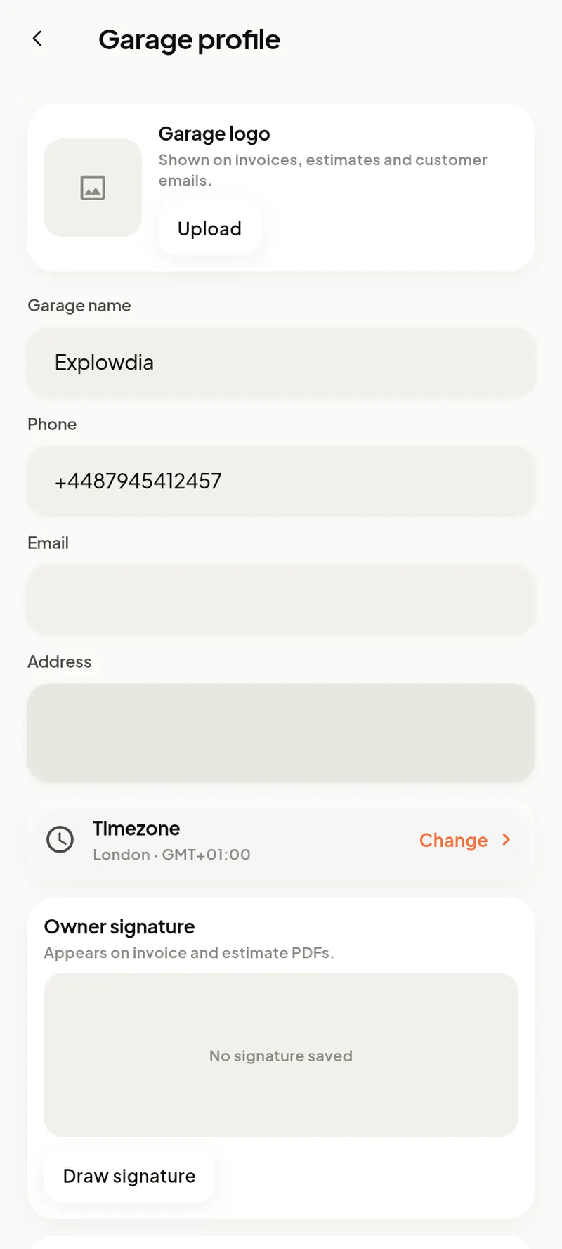 Garage profile settings