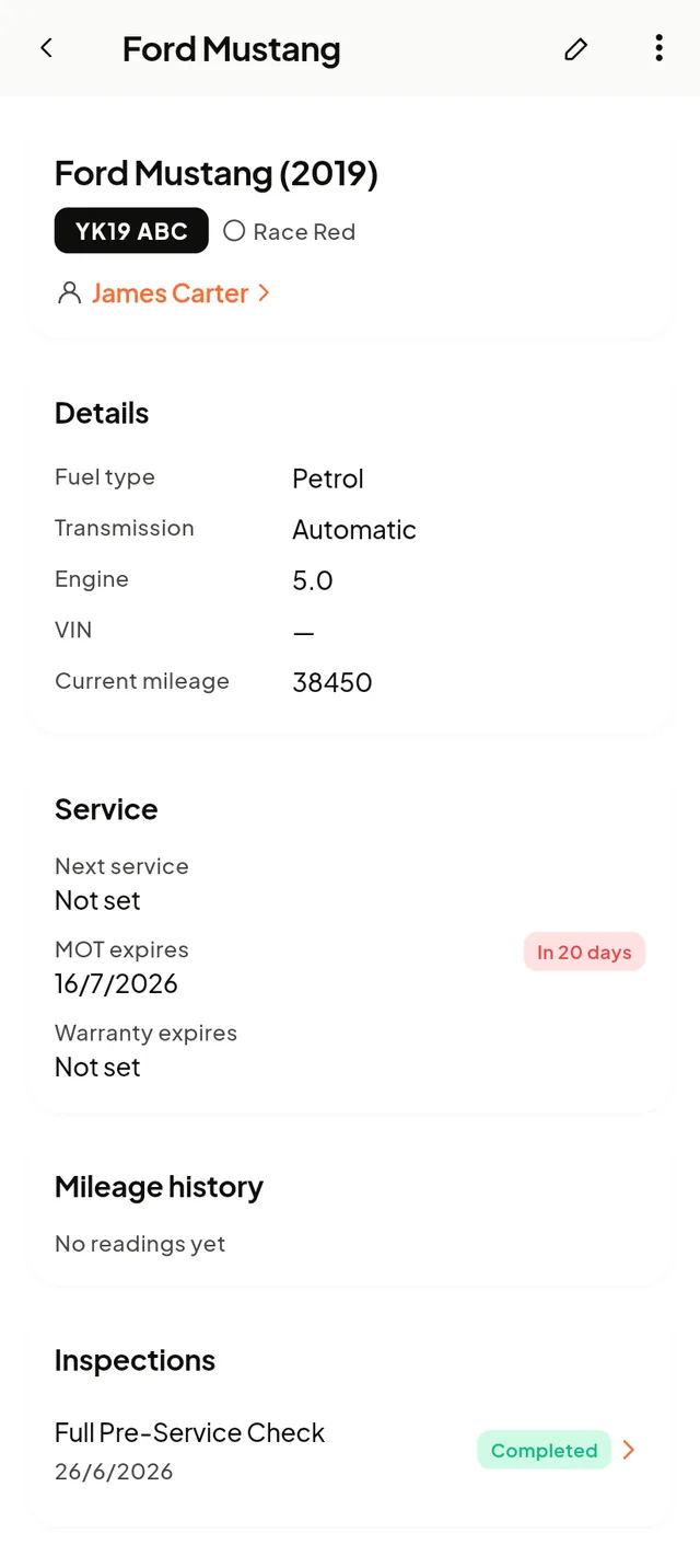 Vehicle profile with MOT and history